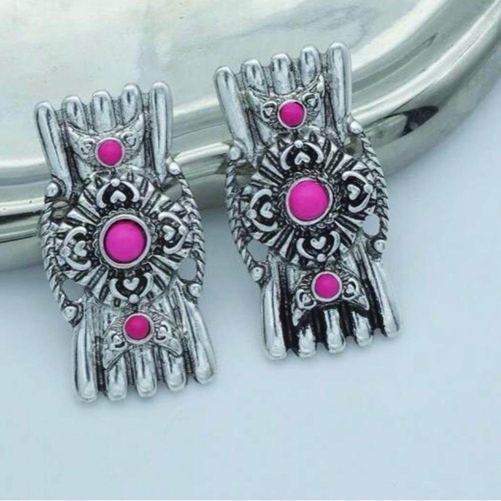 Silver-Tone Pink Accent Filigree Clip Earrings